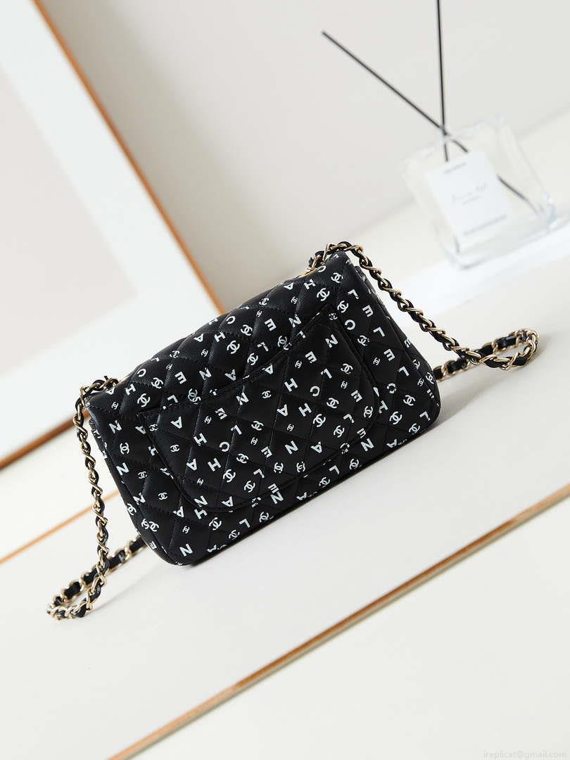 Chanel A69900 Mini Flap Black Lambskin Printed AS1116 with White CC logo
