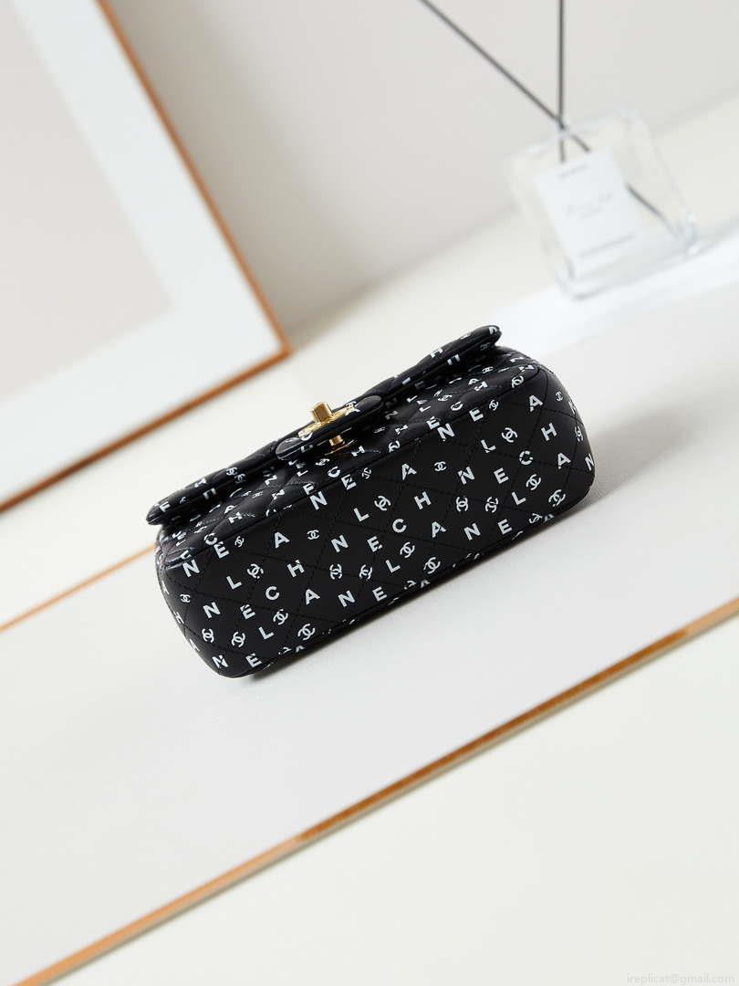 Chanel A69900 Mini Flap Black Lambskin Printed AS1116 with White CC logo