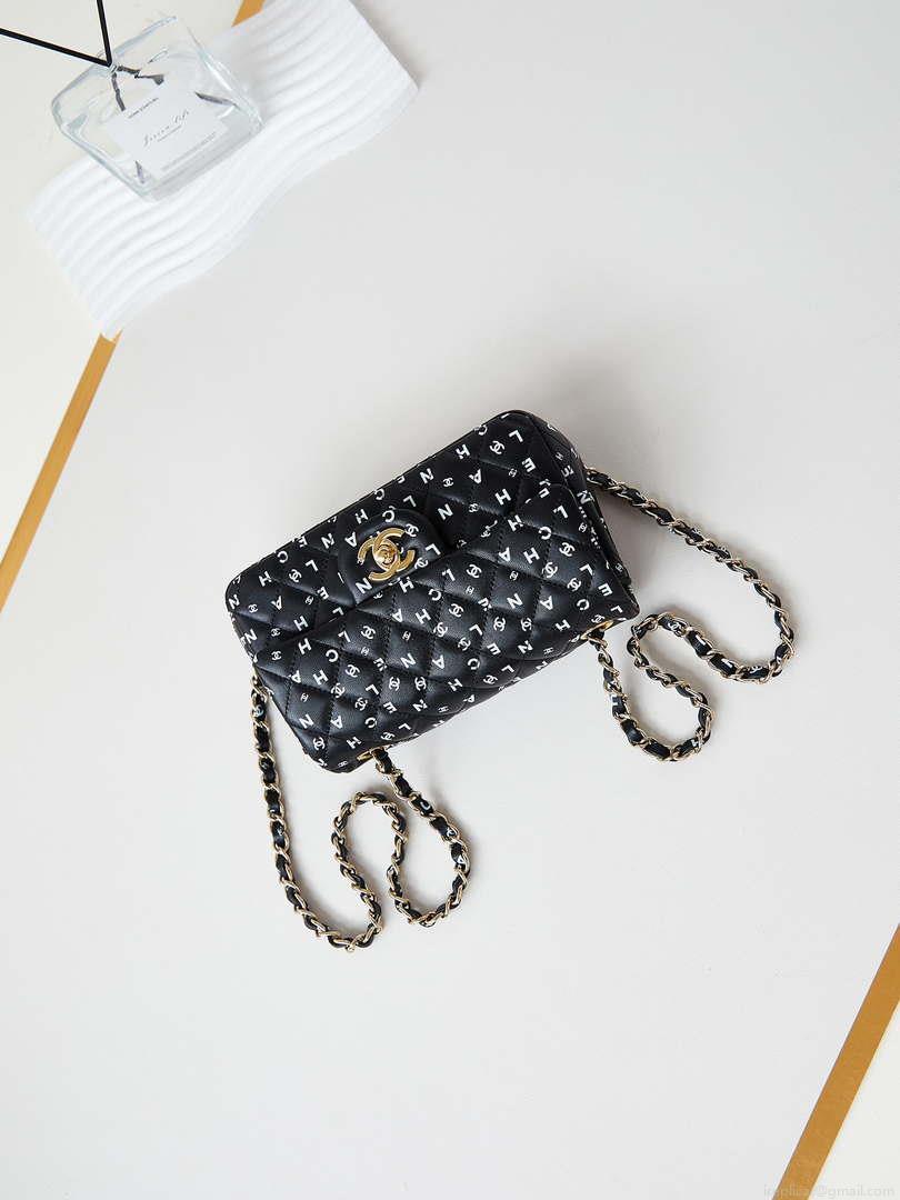 Chanel A69900 Mini Flap Black Lambskin Printed AS1116 with White CC logo