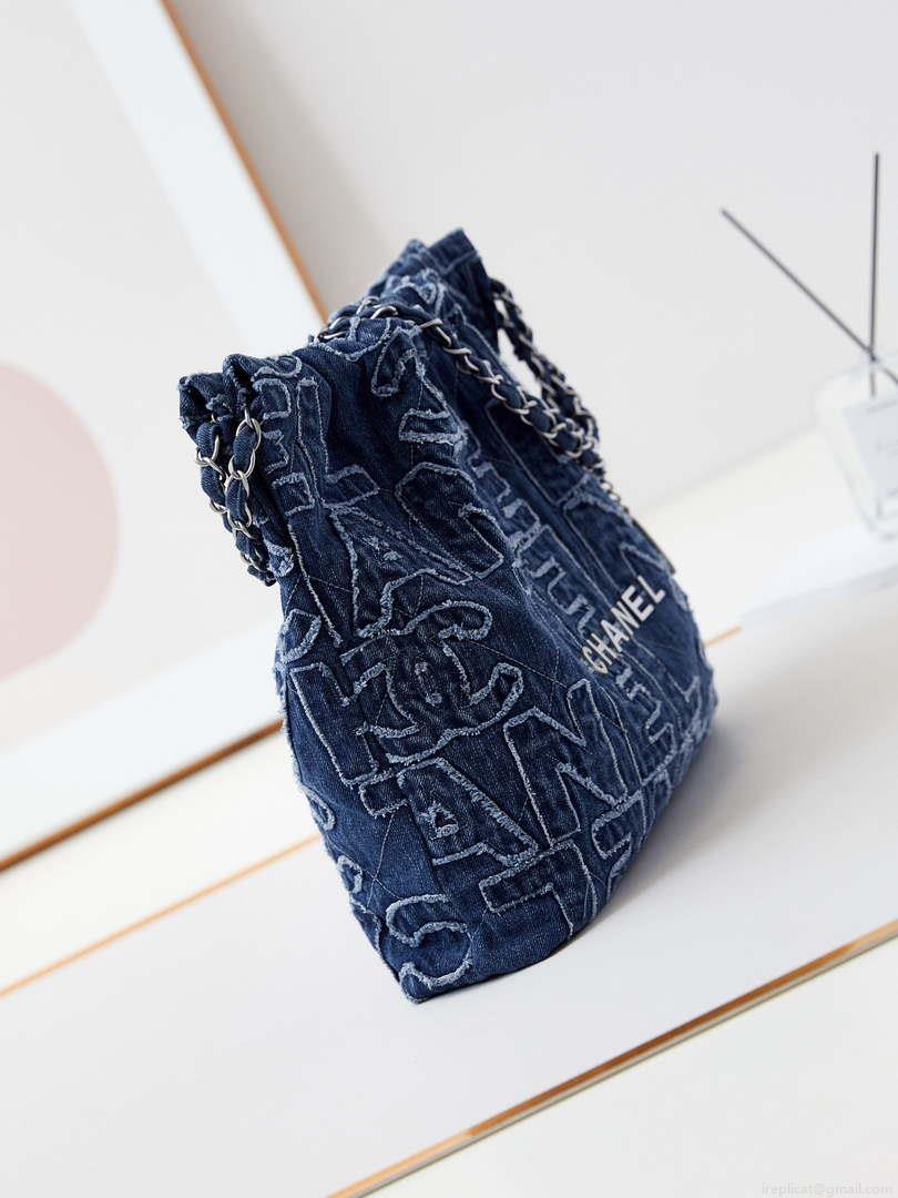 Chanel 22 AS3260 Small Handbag 24A Denim embroidered & Silver-Tone Metal
