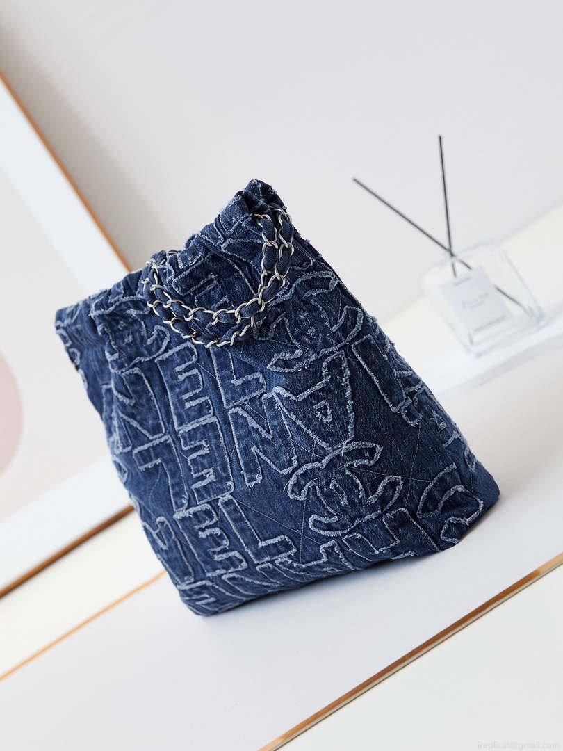 Chanel 22 AS3260 Small Handbag 24A Denim embroidered & Silver-Tone Metal