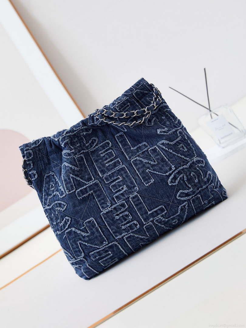 Chanel 22 AS3260 Small Handbag 24A Denim embroidered & Silver-Tone Metal