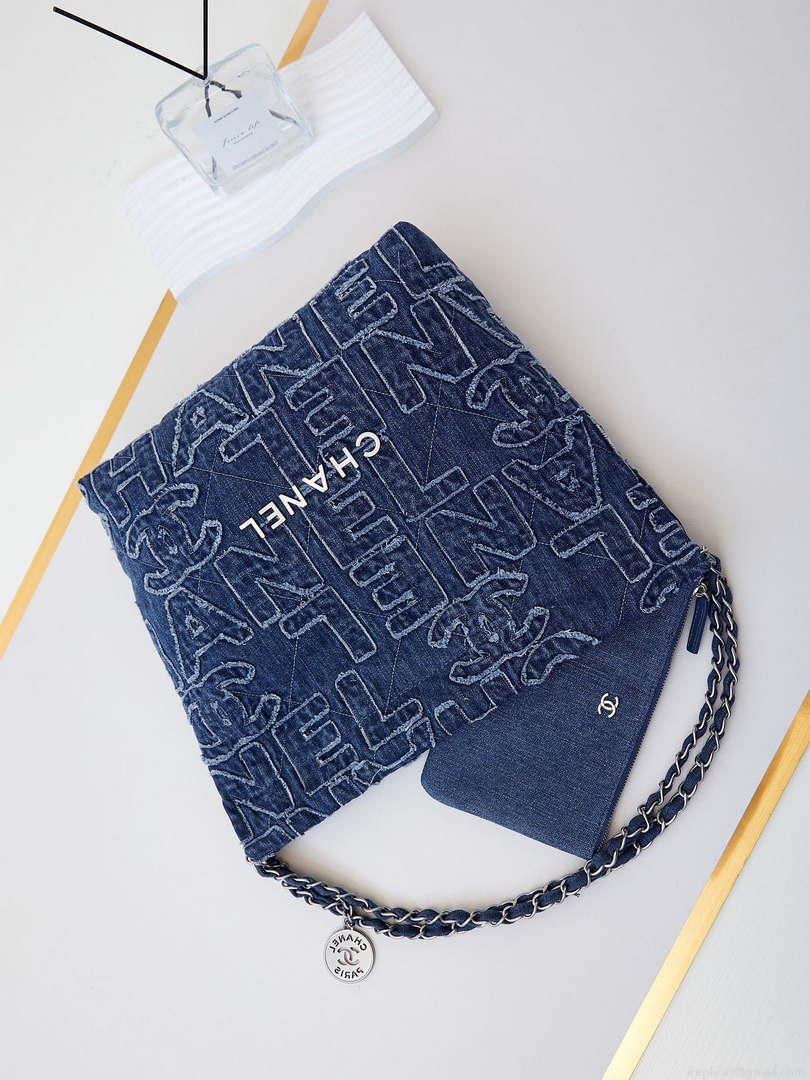 Chanel 22 AS3260 Small Handbag 24A Denim embroidered & Silver-Tone Metal
