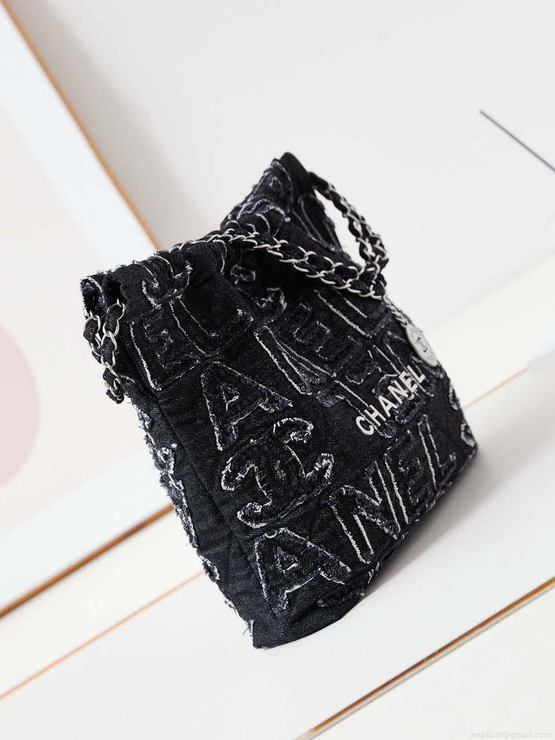 Chanel 22 AS3260 Small Handbag 24A Black Denim embroidered & Silver-Tone Metal