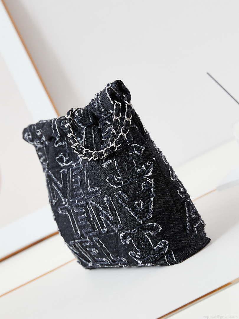 Chanel 22 AS3260 Small Handbag 24A Black Denim embroidered & Silver-Tone Metal