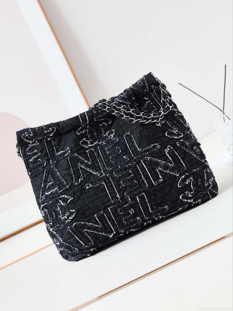Chanel 22 AS3260 Small Handbag 24A Black Denim embroidered & Silver-Tone Metal