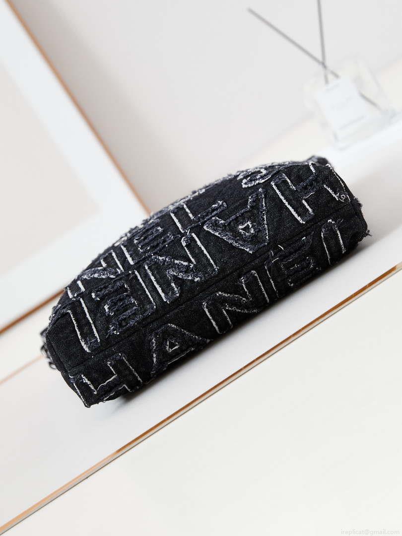 Chanel 22 AS3260 Small Handbag 24A Black Denim embroidered & Silver-Tone Metal
