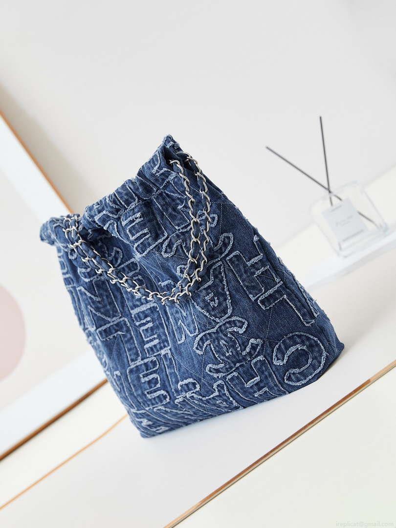 Chanel 22 AS3261 Handbag 24A Denim embroidered & Silver-Tone Metal