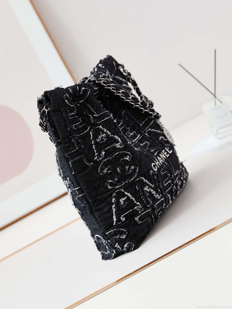 Chanel 22 AS3261 Handbag 24A Black Denim embroidered & Silver-Tone Metal