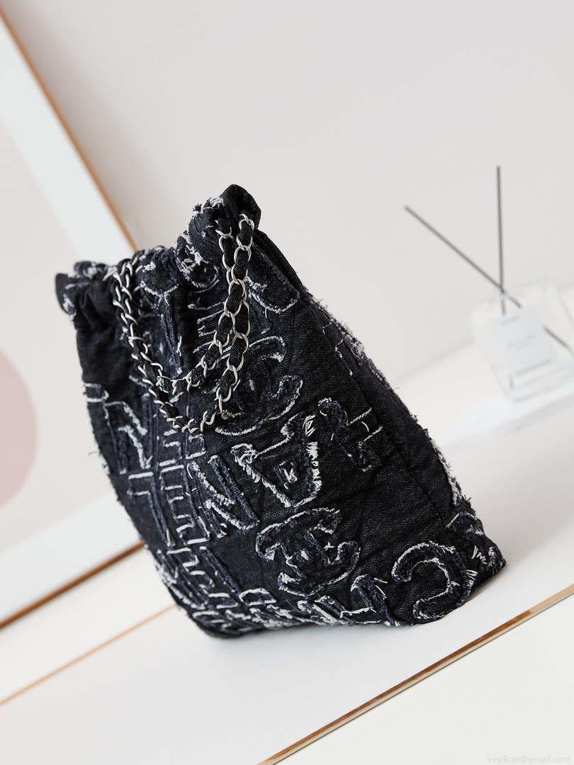 Chanel 22 AS3261 Handbag 24A Black Denim embroidered & Silver-Tone Metal
