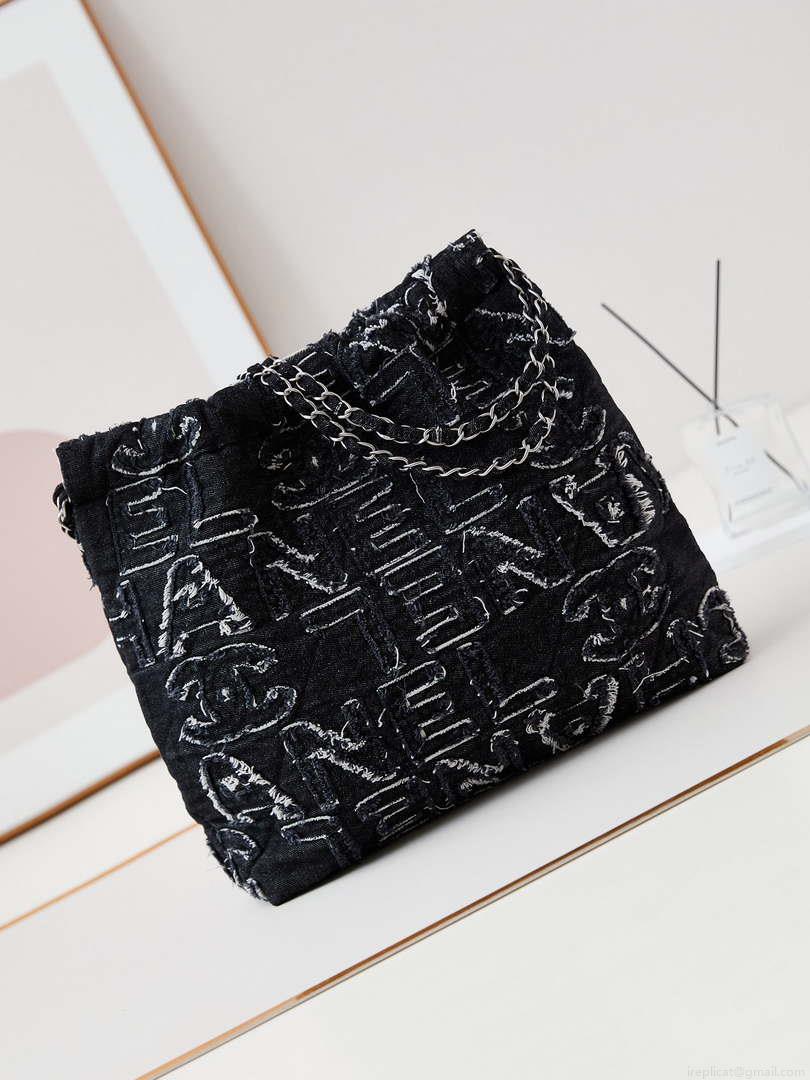 Chanel 22 AS3261 Handbag 24A Black Denim embroidered & Silver-Tone Metal