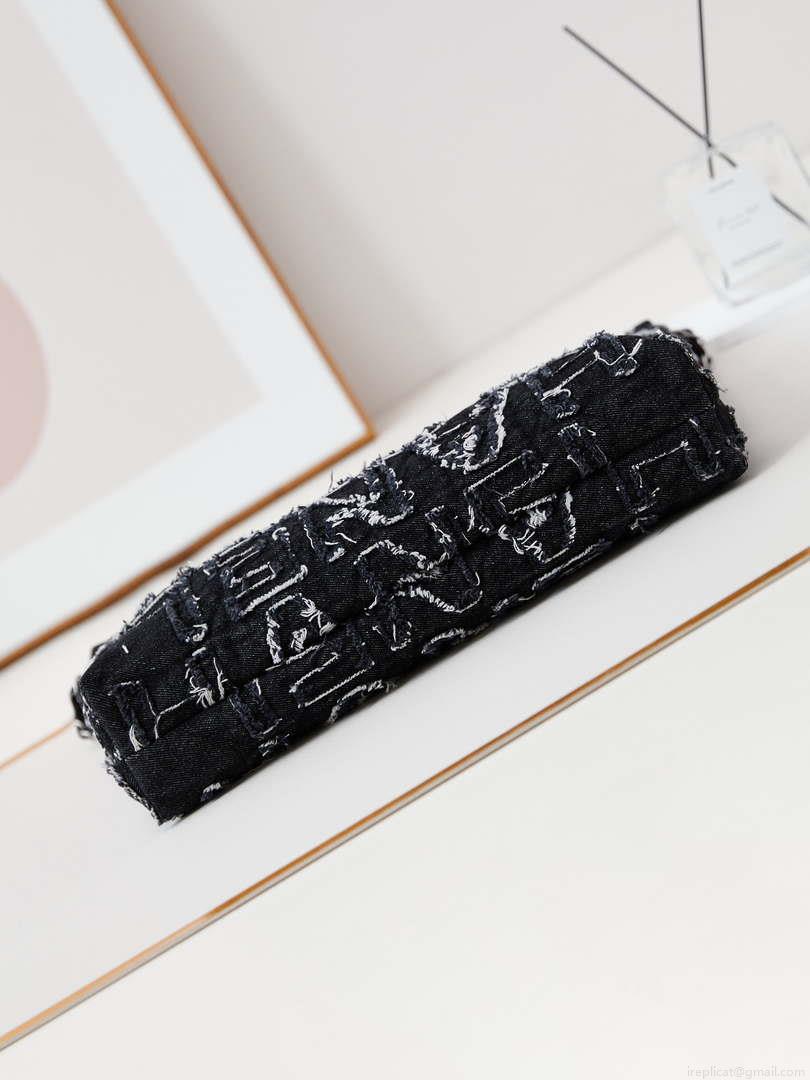 Chanel 22 AS3261 Handbag 24A Black Denim embroidered & Silver-Tone Metal
