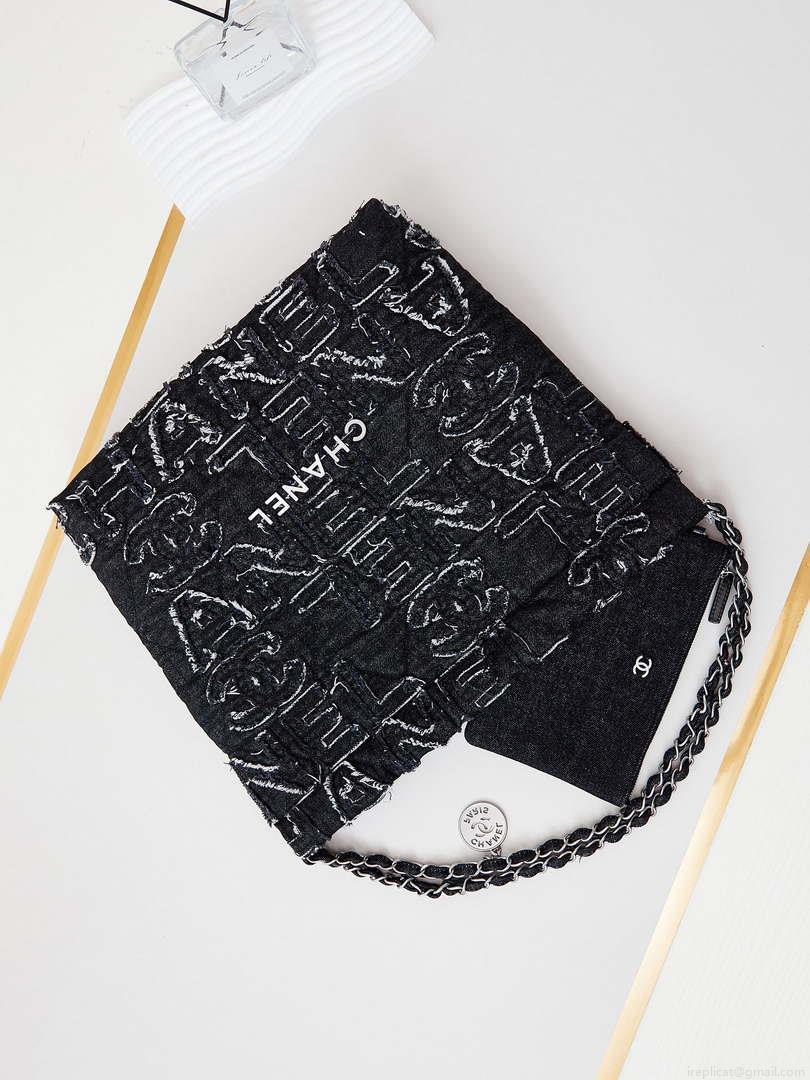 Chanel 22 AS3261 Handbag 24A Black Denim embroidered & Silver-Tone Metal