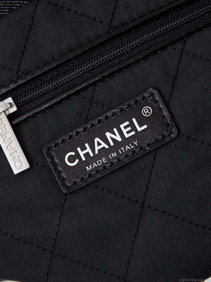 Chanel 22 AS3261 Handbag 24A Black Denim embroidered & Silver-Tone Metal