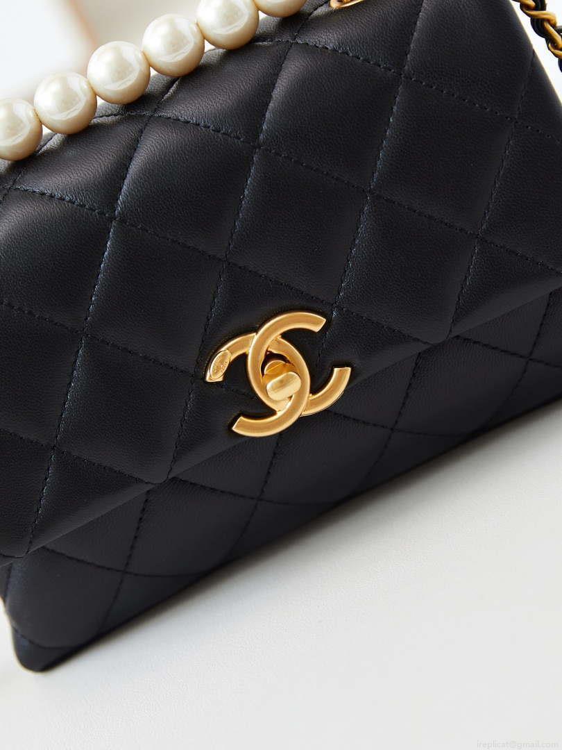 Chanel AS5001 Mini Flap Bag with top Handle Shiny Lambskin Imitation Pearls & Gold-Tone Metal Black
