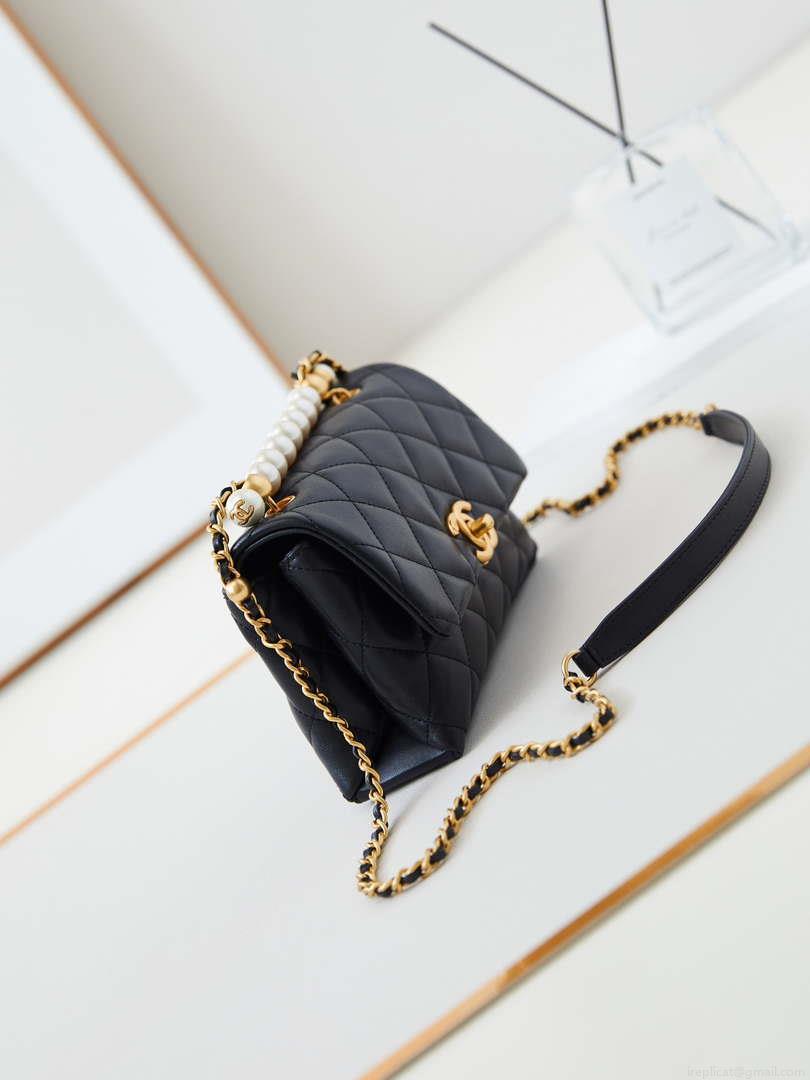 Chanel AS5001 Mini Flap Bag with top Handle Shiny Lambskin Imitation Pearls & Gold-Tone Metal Black