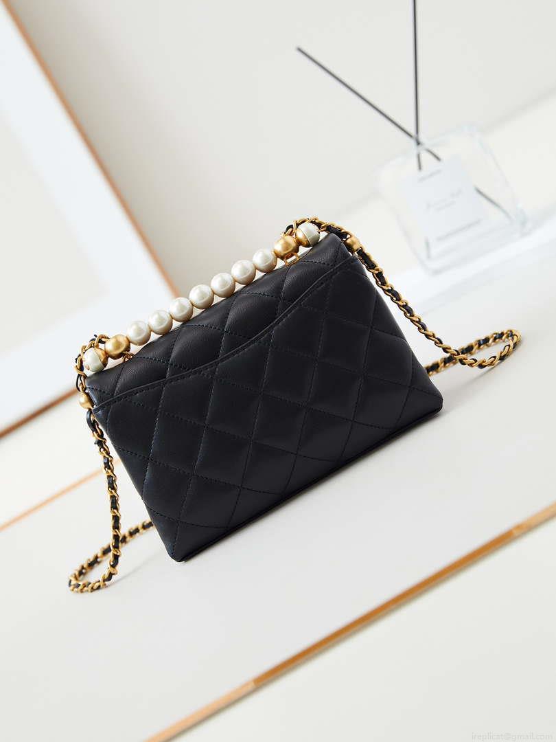 Chanel AS5001 Mini Flap Bag with top Handle Shiny Lambskin Imitation Pearls & Gold-Tone Metal Black