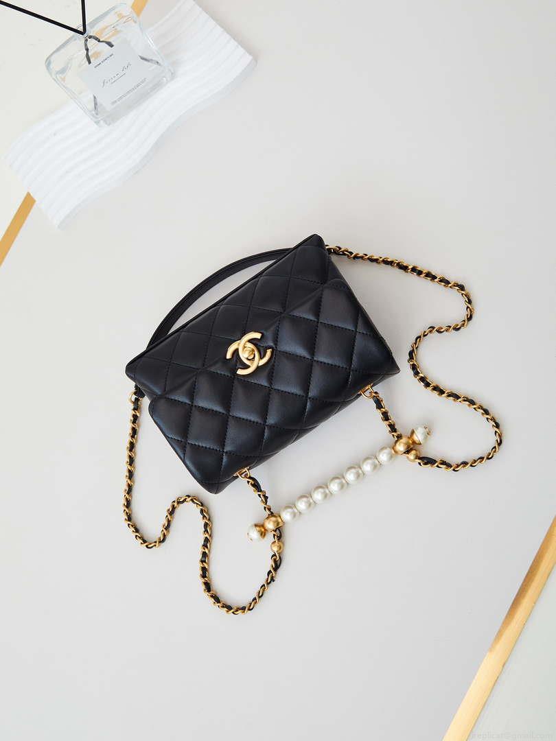 Chanel AS5001 Mini Flap Bag with top Handle Shiny Lambskin Imitation Pearls & Gold-Tone Metal Black