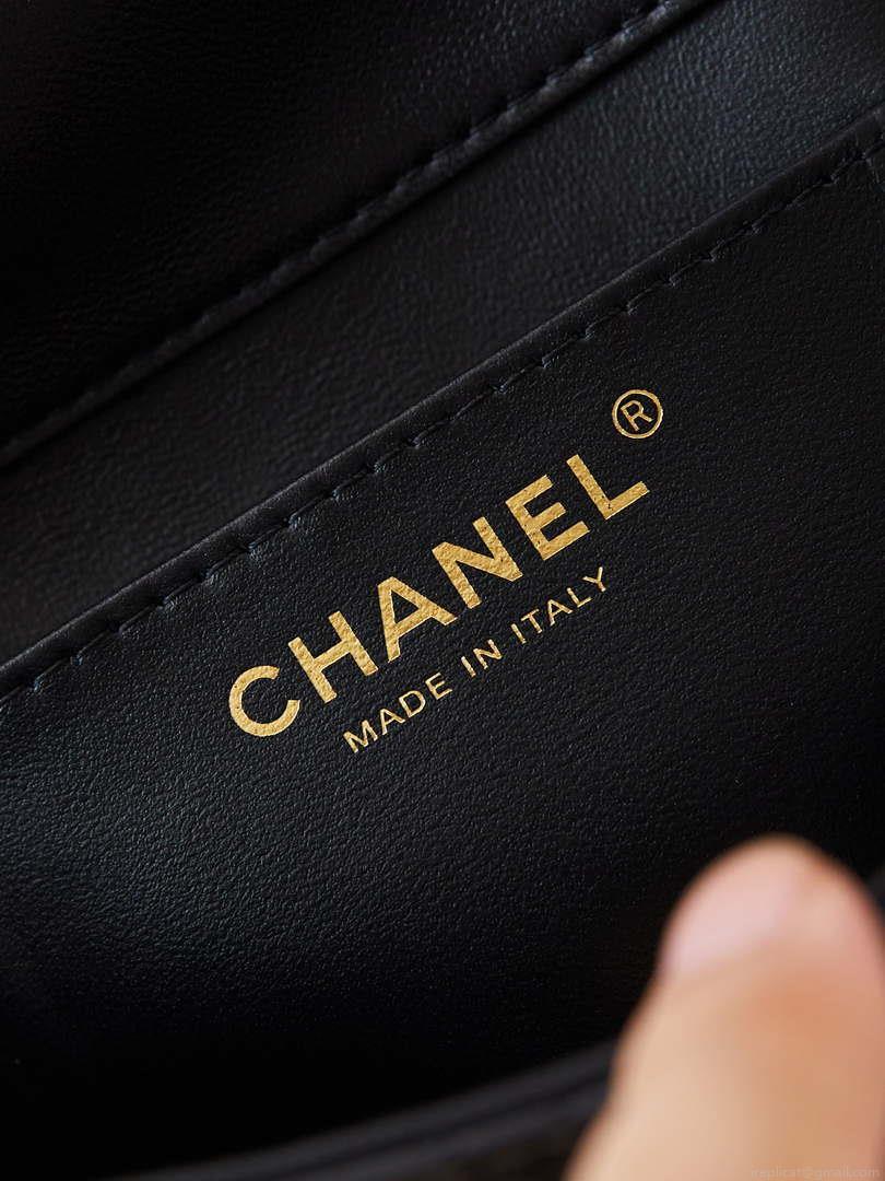 Chanel AS5001 Mini Flap Bag with top Handle Shiny Lambskin Imitation Pearls & Gold-Tone Metal Black