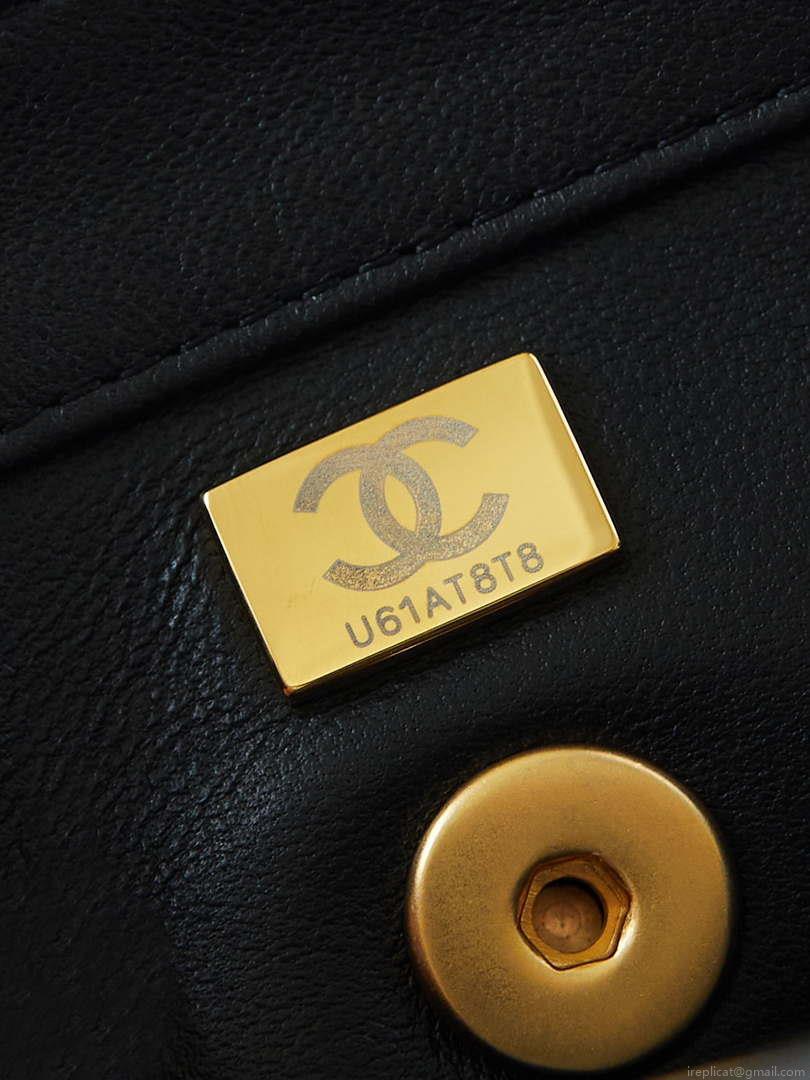 Chanel AS5001 Mini Flap Bag with top Handle Shiny Lambskin Imitation Pearls & Gold-Tone Metal Black