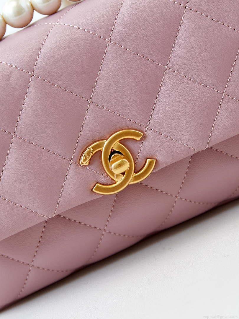 Chanel AS5001 Mini Flap Bag with top Handle Shiny Lambskin Imitation Pearls & Gold-Tone Metal Pink