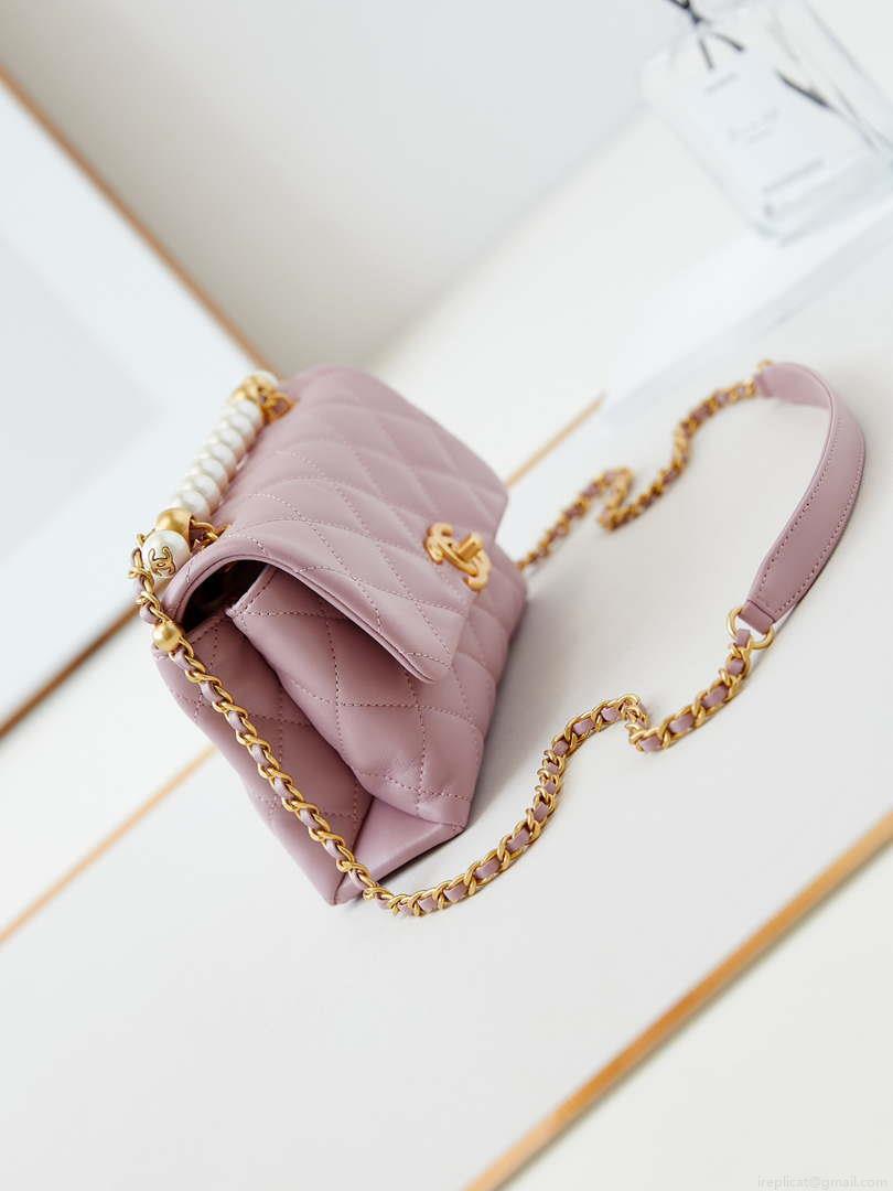 Chanel AS5001 Mini Flap Bag with top Handle Shiny Lambskin Imitation Pearls & Gold-Tone Metal Pink