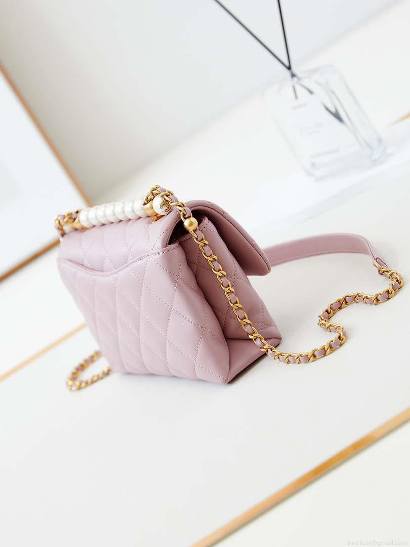 Chanel AS5001 Mini Flap Bag with top Handle Shiny Lambskin Imitation Pearls & Gold-Tone Metal Pink