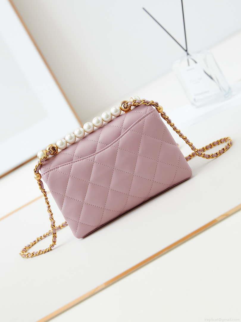 Chanel AS5001 Mini Flap Bag with top Handle Shiny Lambskin Imitation Pearls & Gold-Tone Metal Pink