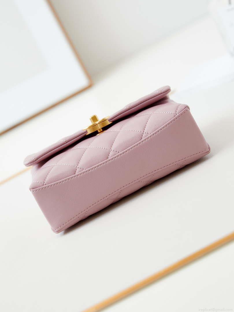 Chanel AS5001 Mini Flap Bag with top Handle Shiny Lambskin Imitation Pearls & Gold-Tone Metal Pink