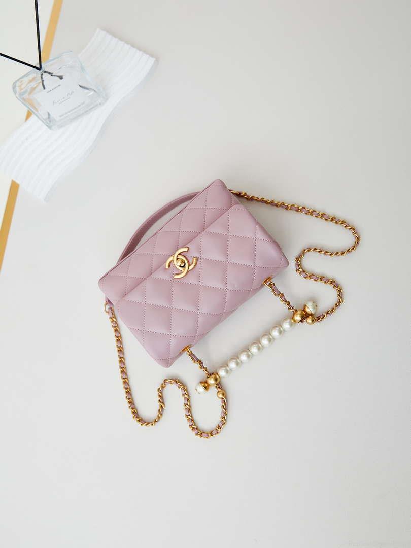 Chanel AS5001 Mini Flap Bag with top Handle Shiny Lambskin Imitation Pearls & Gold-Tone Metal Pink