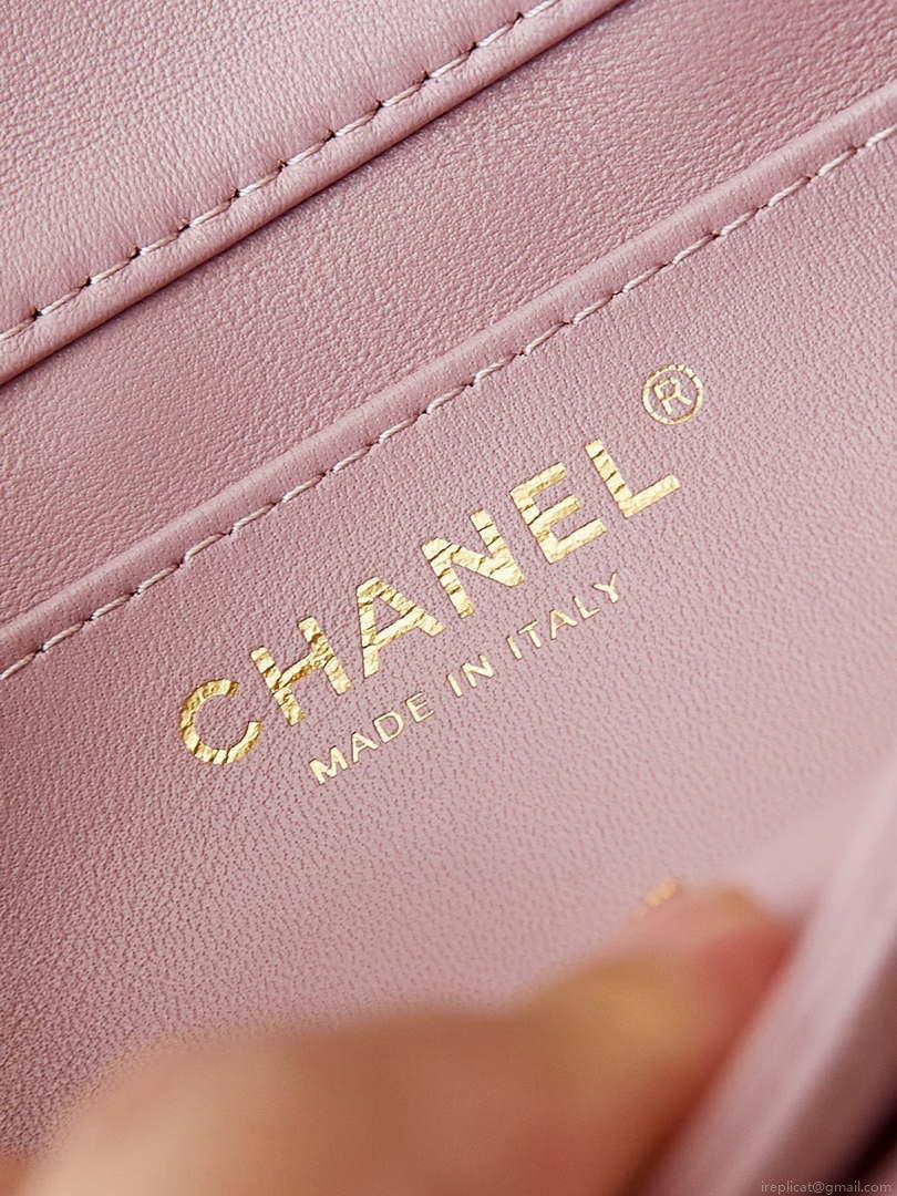 Chanel AS5001 Mini Flap Bag with top Handle Shiny Lambskin Imitation Pearls & Gold-Tone Metal Pink