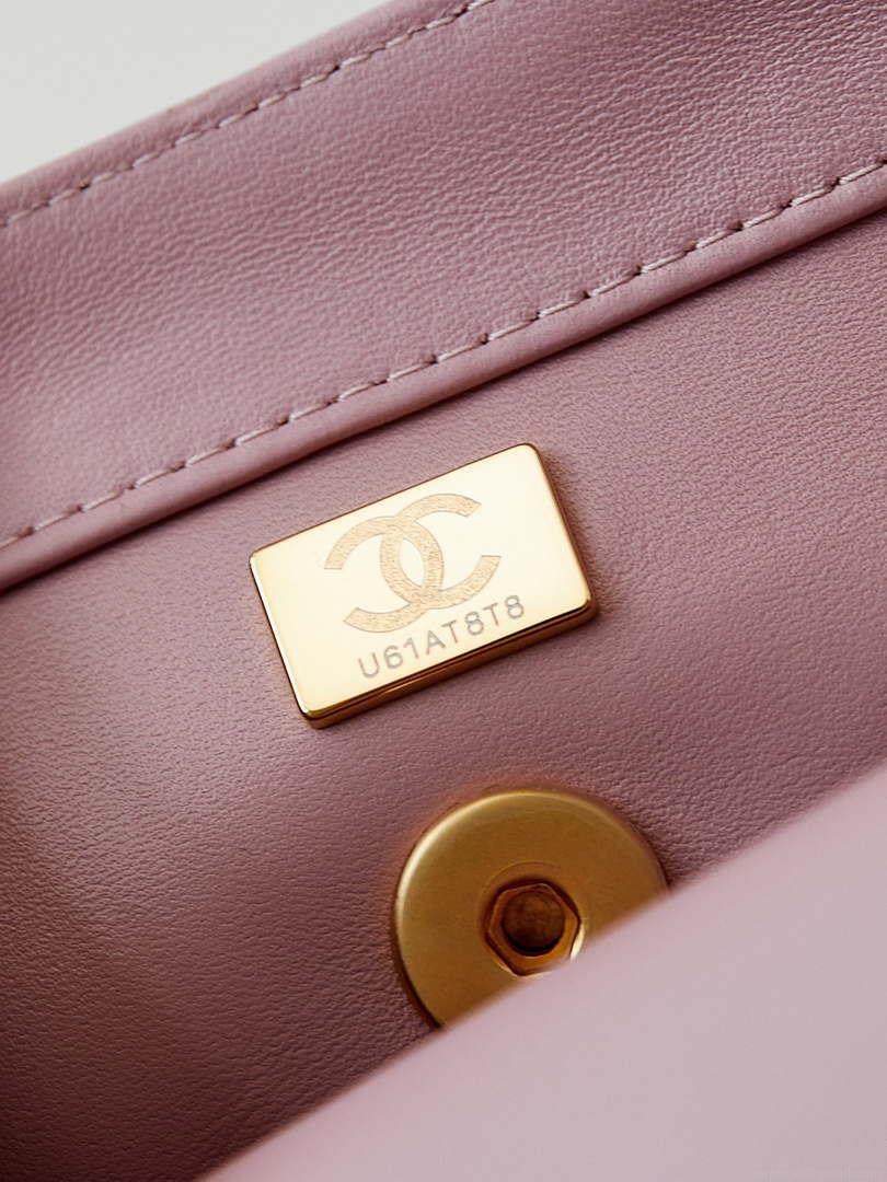 Chanel AS5001 Mini Flap Bag with top Handle Shiny Lambskin Imitation Pearls & Gold-Tone Metal Pink