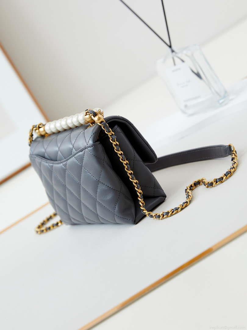 Chanel AS5001 Mini Flap Bag with top Handle Shiny Lambskin Imitation Pearls & Gold-Tone Metal Grey