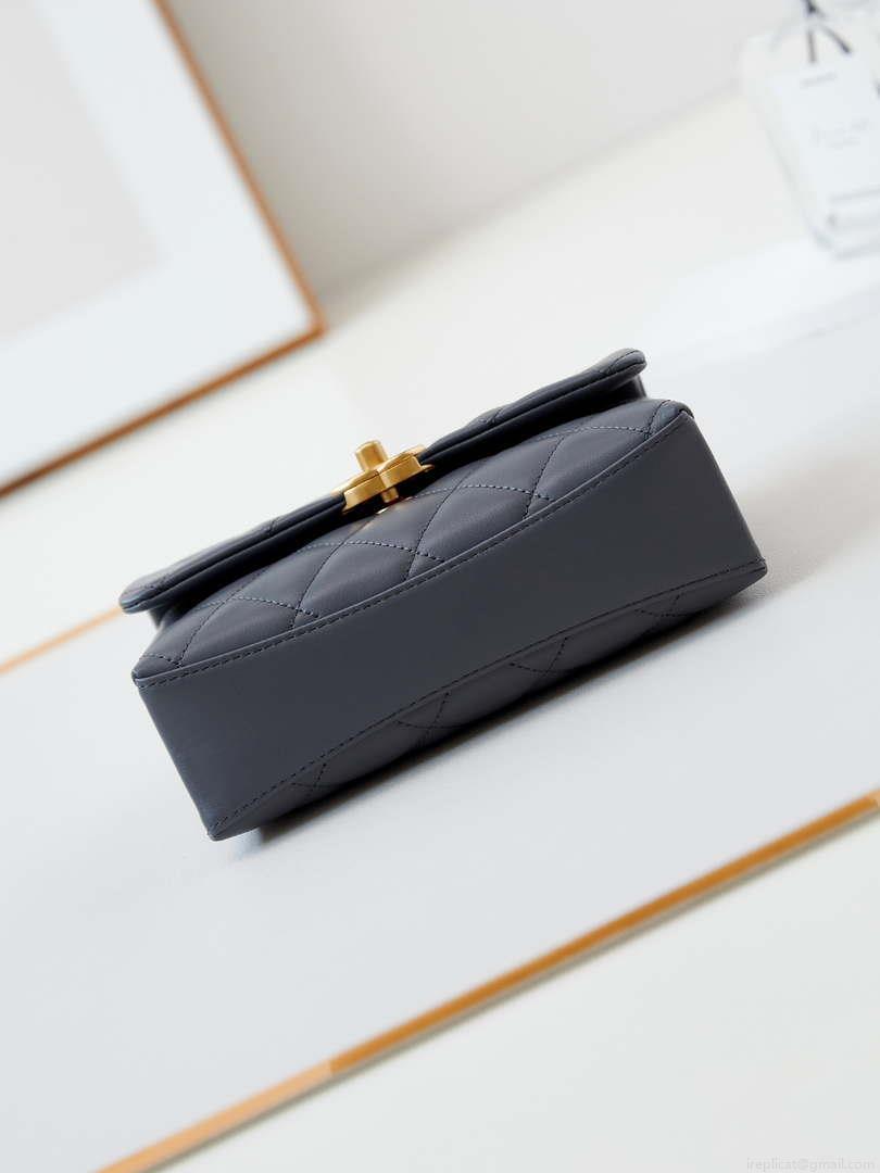 Chanel AS5001 Mini Flap Bag with top Handle Shiny Lambskin Imitation Pearls & Gold-Tone Metal Grey