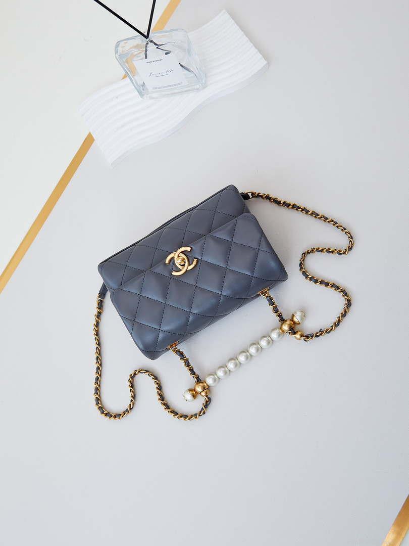 Chanel AS5001 Mini Flap Bag with top Handle Shiny Lambskin Imitation Pearls & Gold-Tone Metal Grey