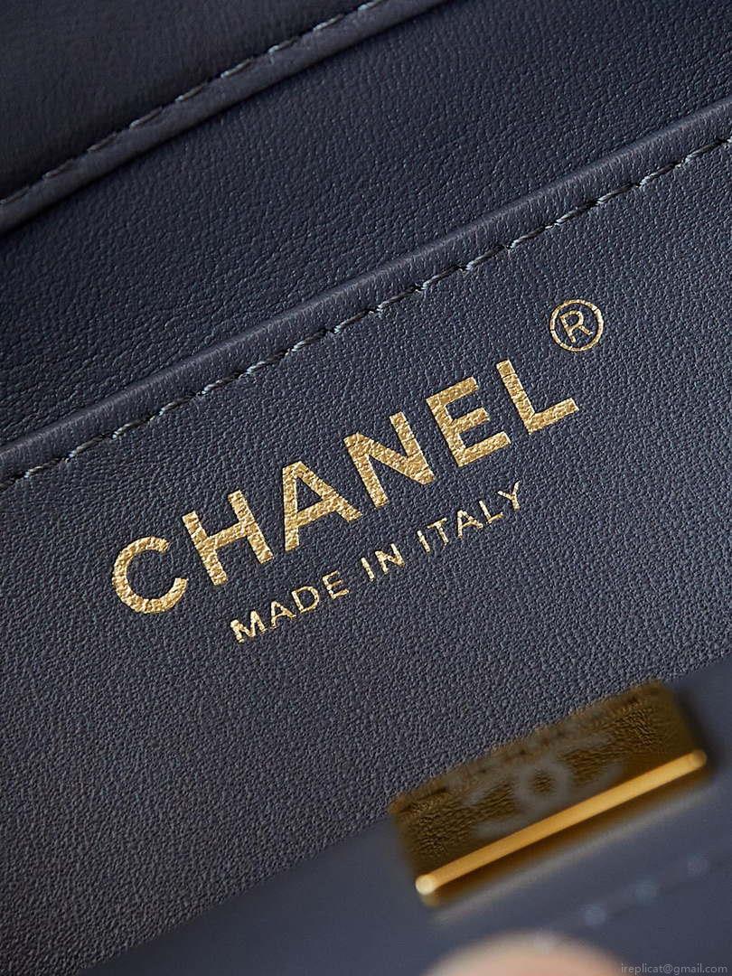 Chanel AS5001 Mini Flap Bag with top Handle Shiny Lambskin Imitation Pearls & Gold-Tone Metal Grey