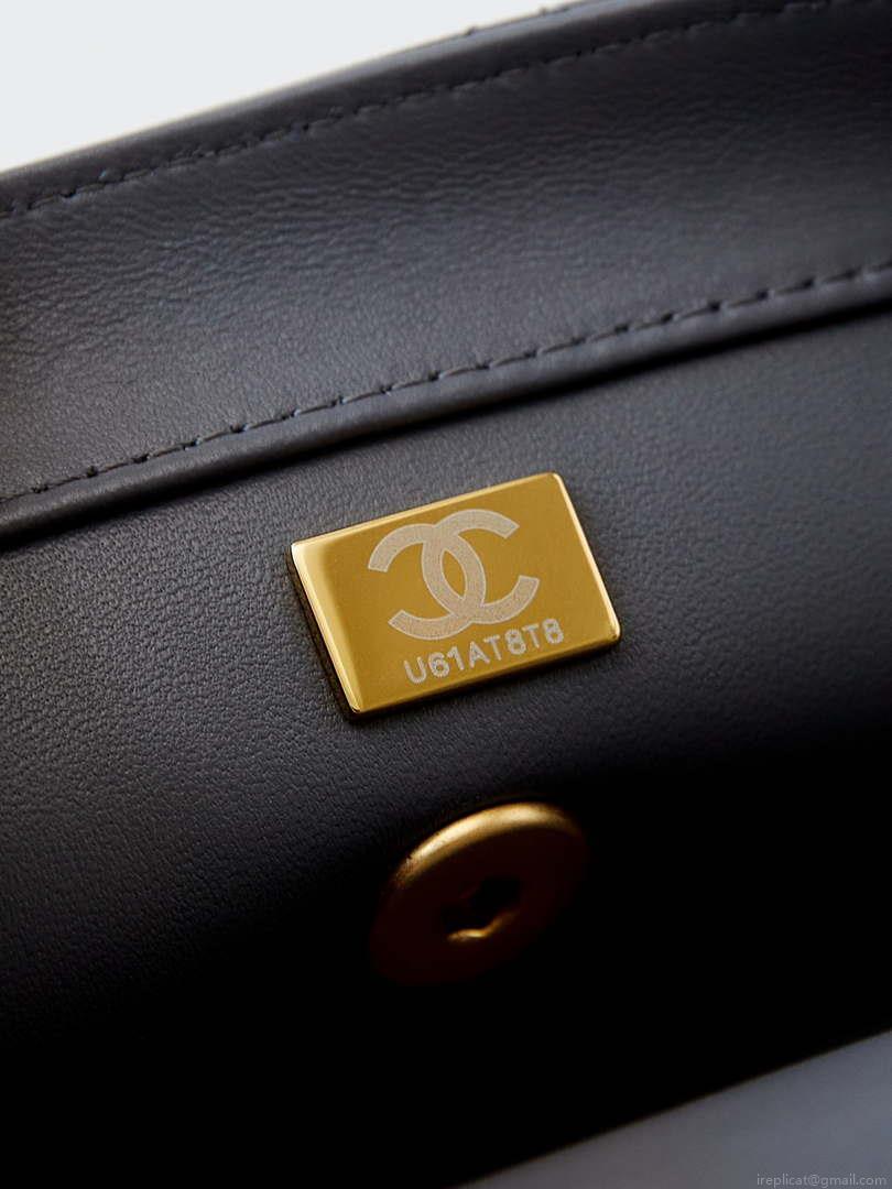 Chanel AS5001 Mini Flap Bag with top Handle Shiny Lambskin Imitation Pearls & Gold-Tone Metal Grey
