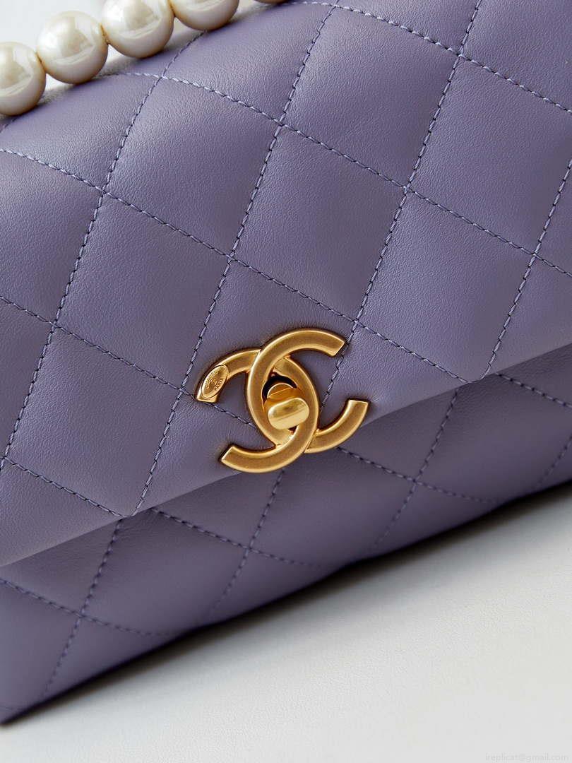 Chanel AS5001 Mini Flap Bag with top Handle Shiny Lambskin Imitation Pearls & Gold-Tone Metal Purple