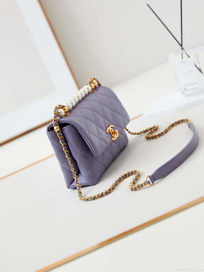 Chanel AS5001 Mini Flap Bag with top Handle Shiny Lambskin Imitation Pearls & Gold-Tone Metal Purple