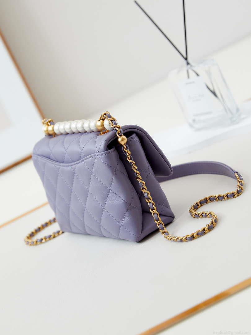 Chanel AS5001 Mini Flap Bag with top Handle Shiny Lambskin Imitation Pearls & Gold-Tone Metal Purple