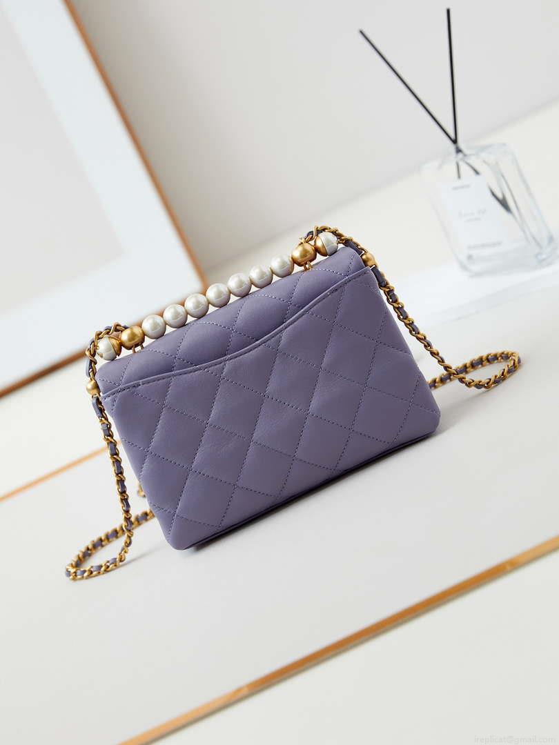 Chanel AS5001 Mini Flap Bag with top Handle Shiny Lambskin Imitation Pearls & Gold-Tone Metal Purple