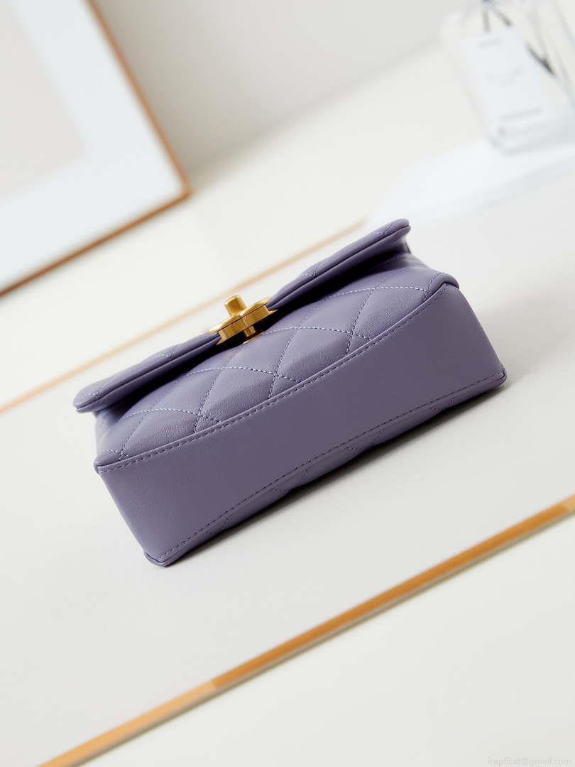 Chanel AS5001 Mini Flap Bag with top Handle Shiny Lambskin Imitation Pearls & Gold-Tone Metal Purple