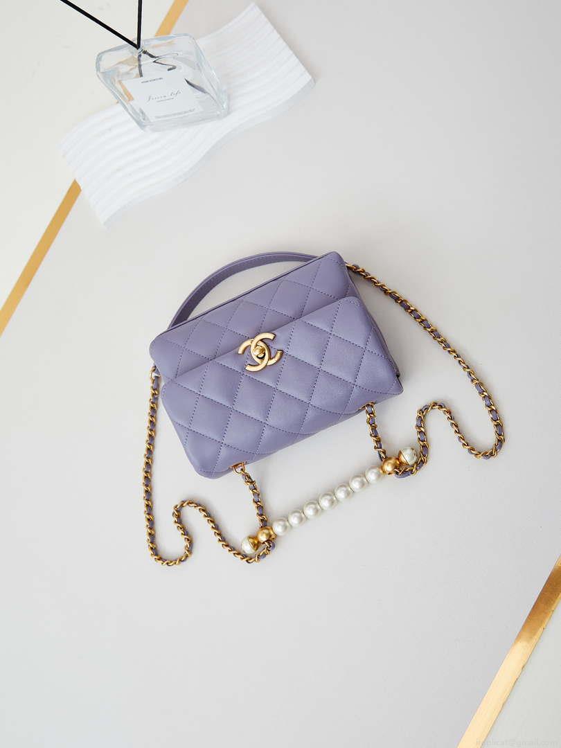 Chanel AS5001 Mini Flap Bag with top Handle Shiny Lambskin Imitation Pearls & Gold-Tone Metal Purple