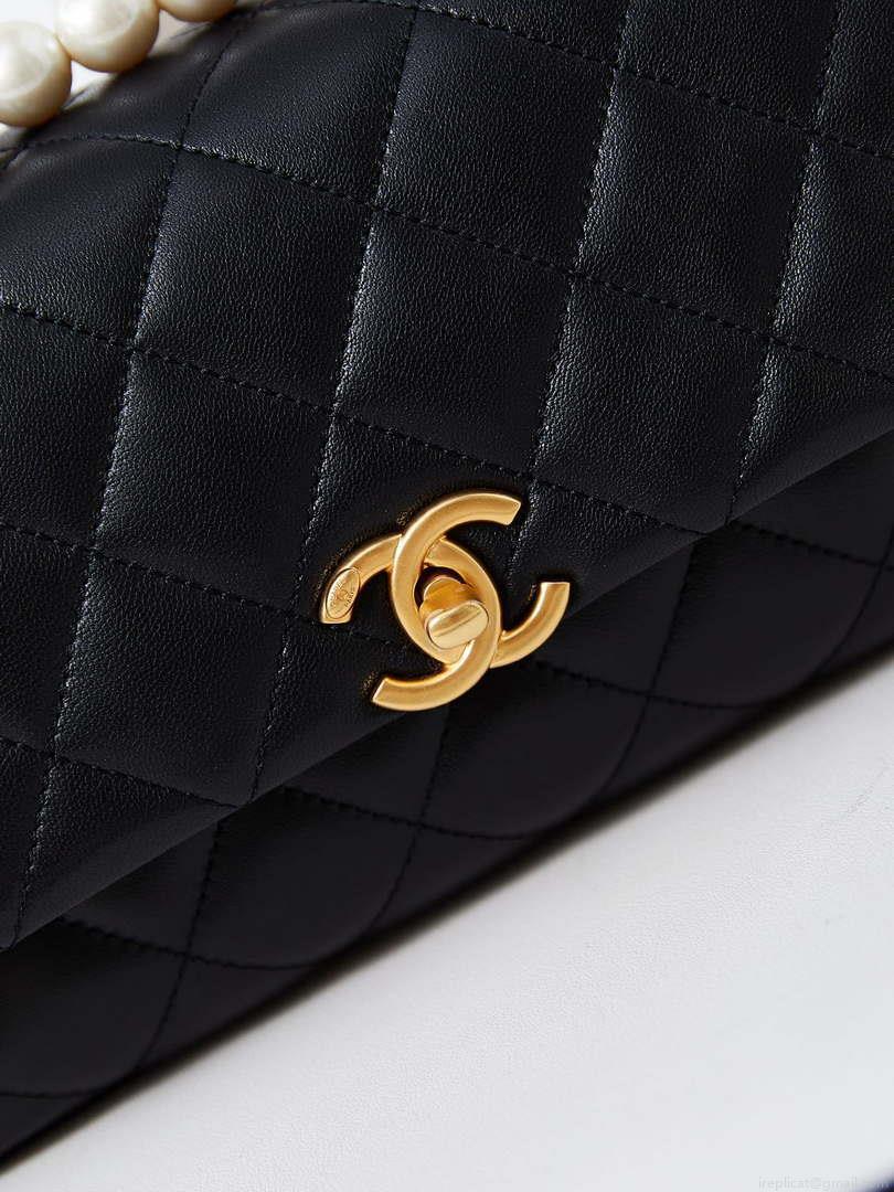 Chanel AS4997 Flap Bag with top Handle Shiny Lambskin Imitation Pearls & Gold-Tone Metal Black