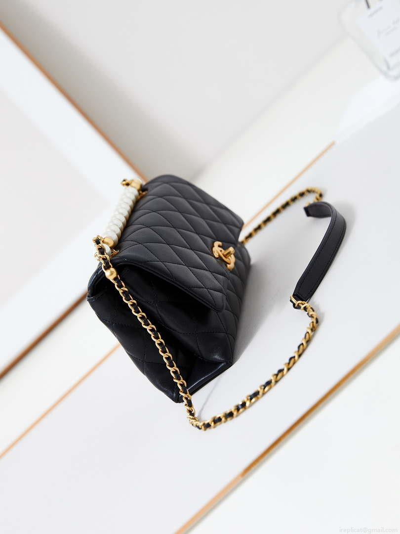 Chanel AS4997 Flap Bag with top Handle Shiny Lambskin Imitation Pearls & Gold-Tone Metal Black