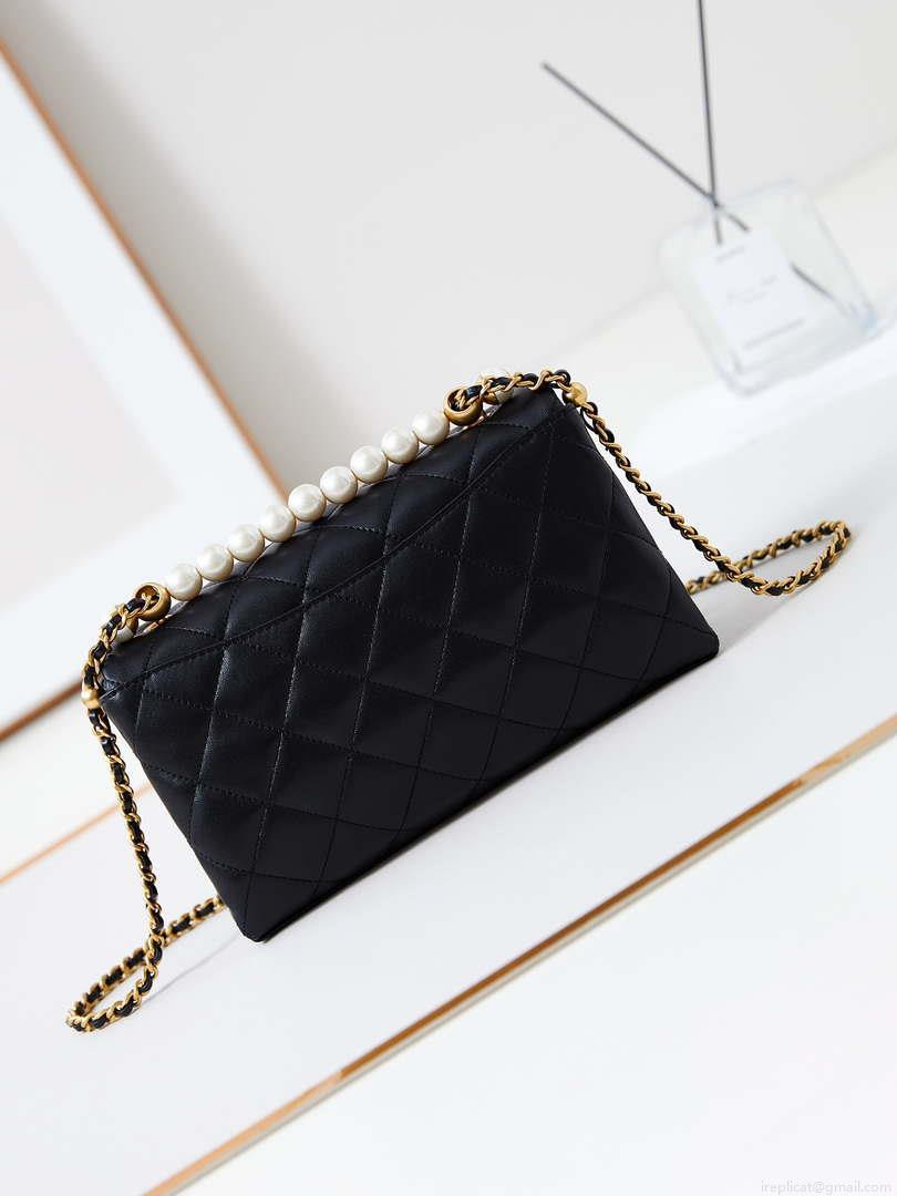 Chanel AS4997 Flap Bag with top Handle Shiny Lambskin Imitation Pearls & Gold-Tone Metal Black