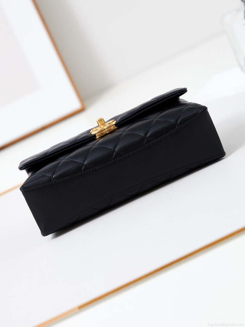 Chanel AS4997 Flap Bag with top Handle Shiny Lambskin Imitation Pearls & Gold-Tone Metal Black