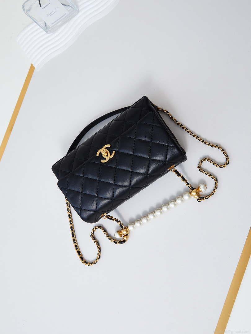 Chanel AS4997 Flap Bag with top Handle Shiny Lambskin Imitation Pearls & Gold-Tone Metal Black
