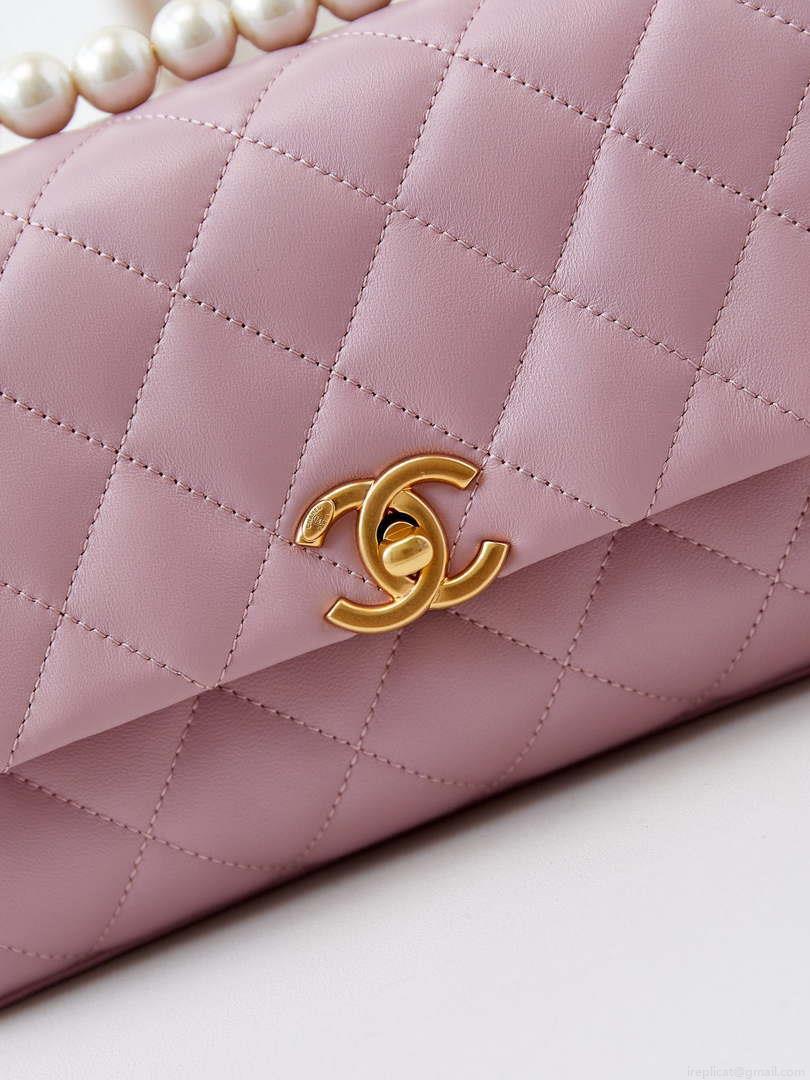 Chanel AS4997 Flap Bag with top Handle Shiny Lambskin Imitation Pearls & Gold-Tone Metal Pink