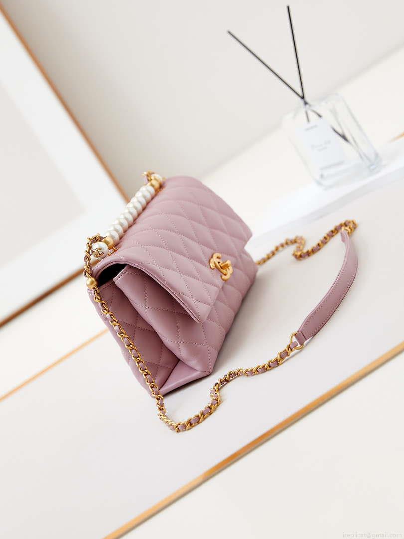 Chanel AS4997 Flap Bag with top Handle Shiny Lambskin Imitation Pearls & Gold-Tone Metal Pink
